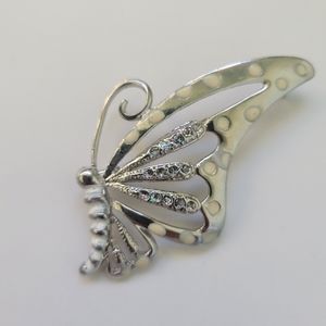 Vintage Butterfly Brooch Pin White Enamel Rhinestone Silver Tone Insect Pin